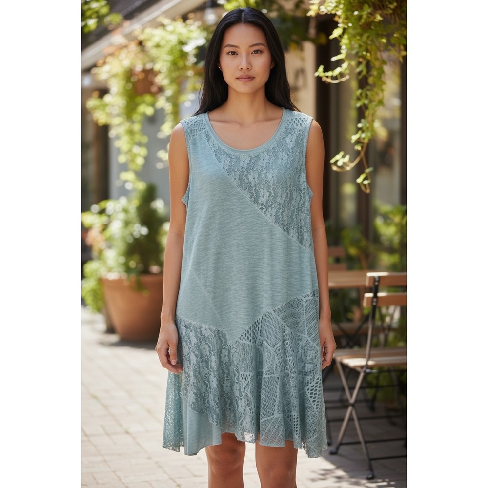 Womens Sleeveless Sundress Dress Light Blue Medium Lace Insert Crochet Boho Chic